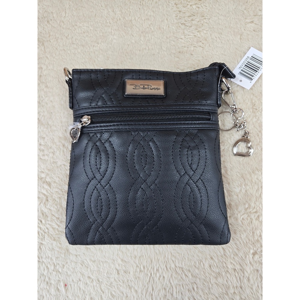 Bella Russo Black Quilted Faux Leather Crossbody Bag Heart Charm Small Messenger